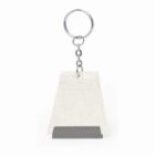 A transparent plastic ice scraper with a keyring attached, featuring a straight scraping edge and a serrated side edge for effective ice removal.