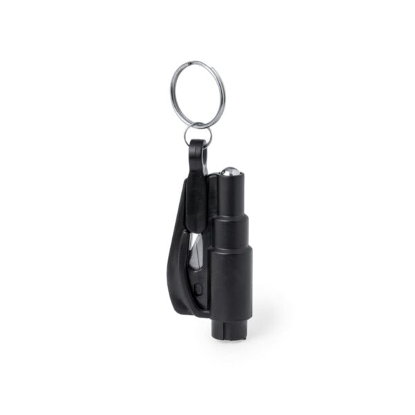 A black safety tool on a keyring, featuring a cylindrical body with a visible seatbelt cutter and a metal tip designed for breaking glass in emergencies. It is compact and designed for keychain attachment.
