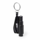 A black keychain featuring a compact car emergency tool with a seatbelt cutter and glass breaker.