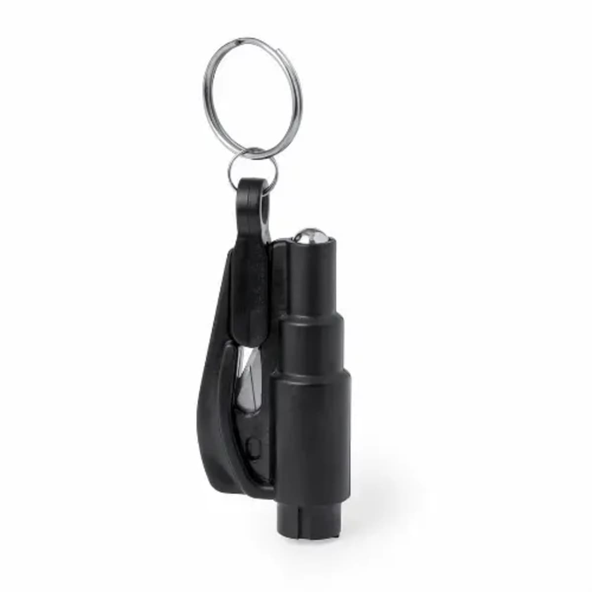 A black keychain featuring a compact car emergency tool with a seatbelt cutter and glass breaker.