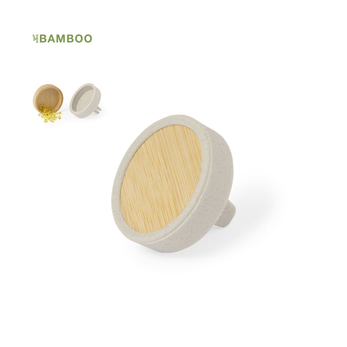 A round bamboo push pin with a natural wood center, surrounded by a white outer rim. In the top left corner, theres a smaller, similar pin shown with yellow push pins inside it. The word BAMBOO is displayed in green text.