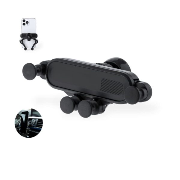 A black car phone holder with a gravity design, featuring four adjustable clamps. An inset shows the holder attached to a cars air vent, securely holding a smartphone.
