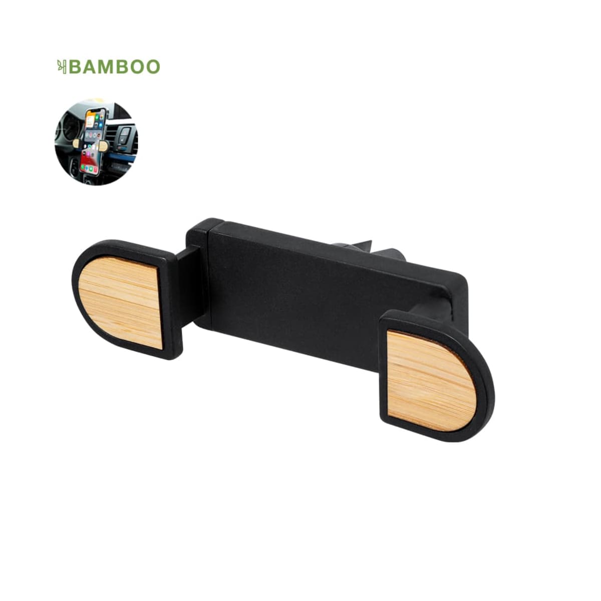 Black car phone holder with bamboo accents, designed to attach to air vents. Includes a small circular inset showing the holder installed in a car with a phone mounted. Brand name Bamboo is visible.
