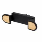 A black car phone holder with wooden accents on the adjustable clamps, designed to fit onto a cars air vent.