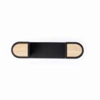 A minimalist, black wall shelf with rounded wooden ends, set against a white background. The shelfs simple design features a central rectangular black section with lighter wooden semicircles on each side.