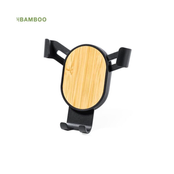 A black phone holder with a bamboo panel is shown. The design features three prongs to secure the phone, and a logo with the text BAMBOO is in the top left corner. The background is white.