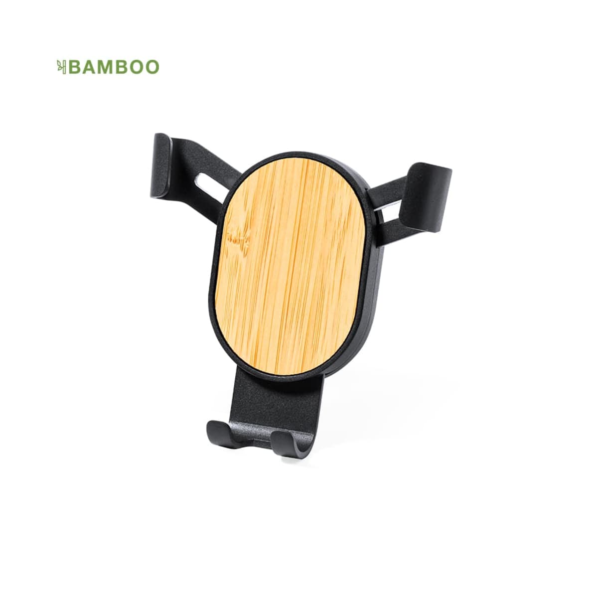 A car phone holder with a bamboo finish, featuring a simple three-arm design in black and a wooden texture centre. The word BAMBOO is visible in the top left corner.
