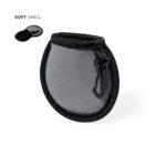 A gray, soft shell pouch with black trim and a carabiner clip. The pouch is shown in a larger view and a smaller inset, highlighting its compact design and portability.