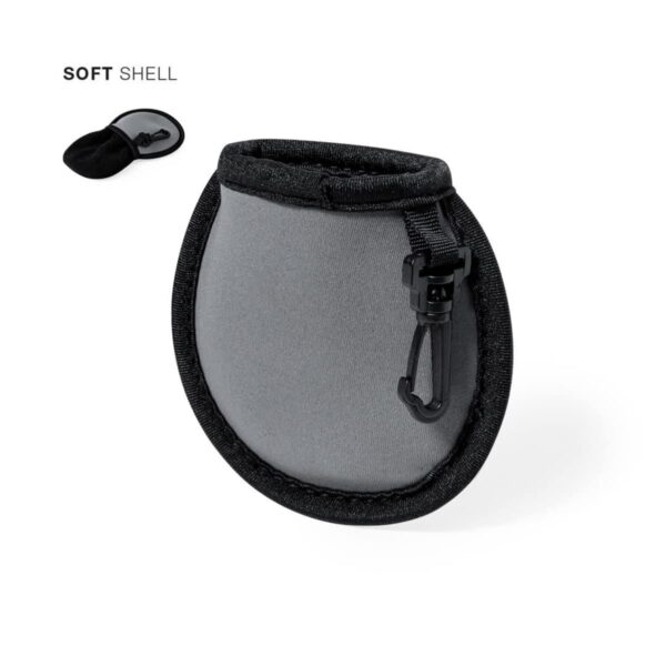 A gray, soft shell pouch with black trim and a carabiner clip. The pouch is shown in a larger view and a smaller inset, highlighting its compact design and portability.
