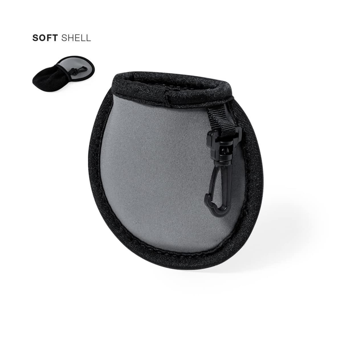 A grey, oval-shaped soft shell protective case with a black carabiner clip attached. It has a smooth texture and a black trim around the edges. A smaller version of the case is shown in the upper left corner.