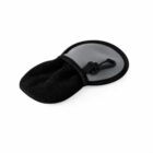 A black microfiber cleaning mitten with a gray backing and a small black carabiner attached.