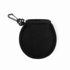 A black circular neoprene pouch with a zipper and a metal carabiner clip attached to the top left. The pouch has a soft, flexible fabric, ideal for protecting small items. The carabiner allows for easy attachment to bags or belts.