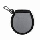 A small, round, gray neoprene pouch with a black trim and a carabiner clip attached for easy portability.