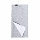 A gray hanging towel with a white underside partially folded over, displaying a small brand tag at the top.