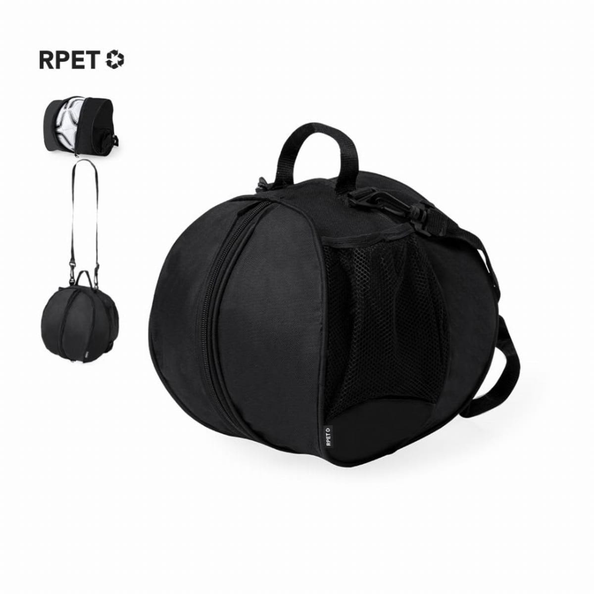 Round black pet carrier with a mesh window, zipper closure, and adjustable shoulder strap. Made from RPET material. Shown in different views, highlighting design and features.