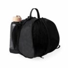 A black backpack designed to hold a basketball, featuring a mesh pocket on the side containing a clear water bottle with a wooden cap. The bag has a sturdy handle on top.