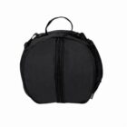 A black, round lunch bag with a zipper down the middle and a top handle. The bag has two side pockets, and its fabric appears textured. The background is plain white.