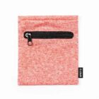 A small, rectangular red fabric pouch with a textured appearance, featuring a black zipper on the front and a black tag on the side labeled RPET.