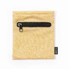 A square, light brown fabric pouch with a black zipper pocket on the front. A small black tag with white text RPET is attached to the right side. The fabric has a subtle mottled texture.