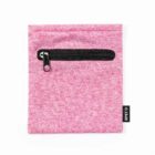 A pink fabric pouch with a small black zipper pocket on the front and a black tag on the side labeled RPET.