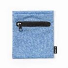 A blue fabric pouch with a black zipper pocket on the front. There is a small tag with RPET written on it along the right edge.