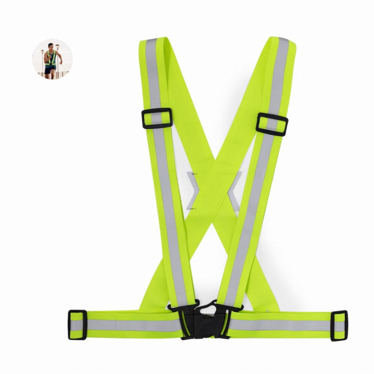 Bright yellow reflective safety harness with adjustable black plastic buckles and gray reflective stripes. It is laid out flat on a white background.