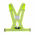 Bright yellow safety vest harness with silver reflective strips. The design features an X shape at the back, adjustable buckles on the straps, and a clasp at the front. Suitable for visibility and safety during outdoor activities.