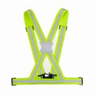 A bright yellow reflective safety vest with adjustable straps and a buckle. The vest is designed in an X pattern and features reflective strips for visibility.