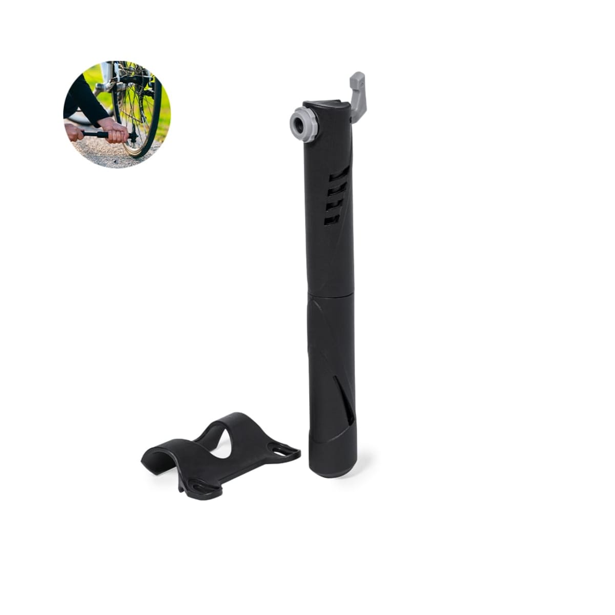 A portable black bicycle pump with a mounting bracket on a white background. Inset shows a person using a similar pump to inflate a bicycle tire.