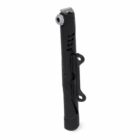 A black portable bicycle pump with a slim design and an attached mounting bracket. The pump features a nozzle at the top and textured grip patterns along the body.