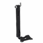 A compact black bicycle pump with a silver nozzle, shown standing upright next to its black mounting bracket.