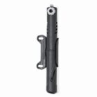 A black bicycle pump mounted on a bracket. The pump has a slim design, textured grip, and a nozzle at the top. The bracket has two holes for attachment. The pump is vertically positioned against a plain white background.