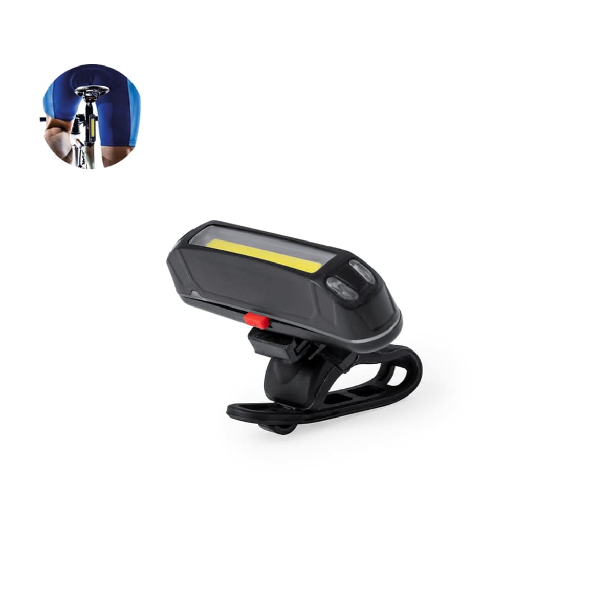 A black bicycle tail light with a rectangular LED strip and rubber mounting strap. A small inset image shows the light installed under a bicycle seat. The background is white.