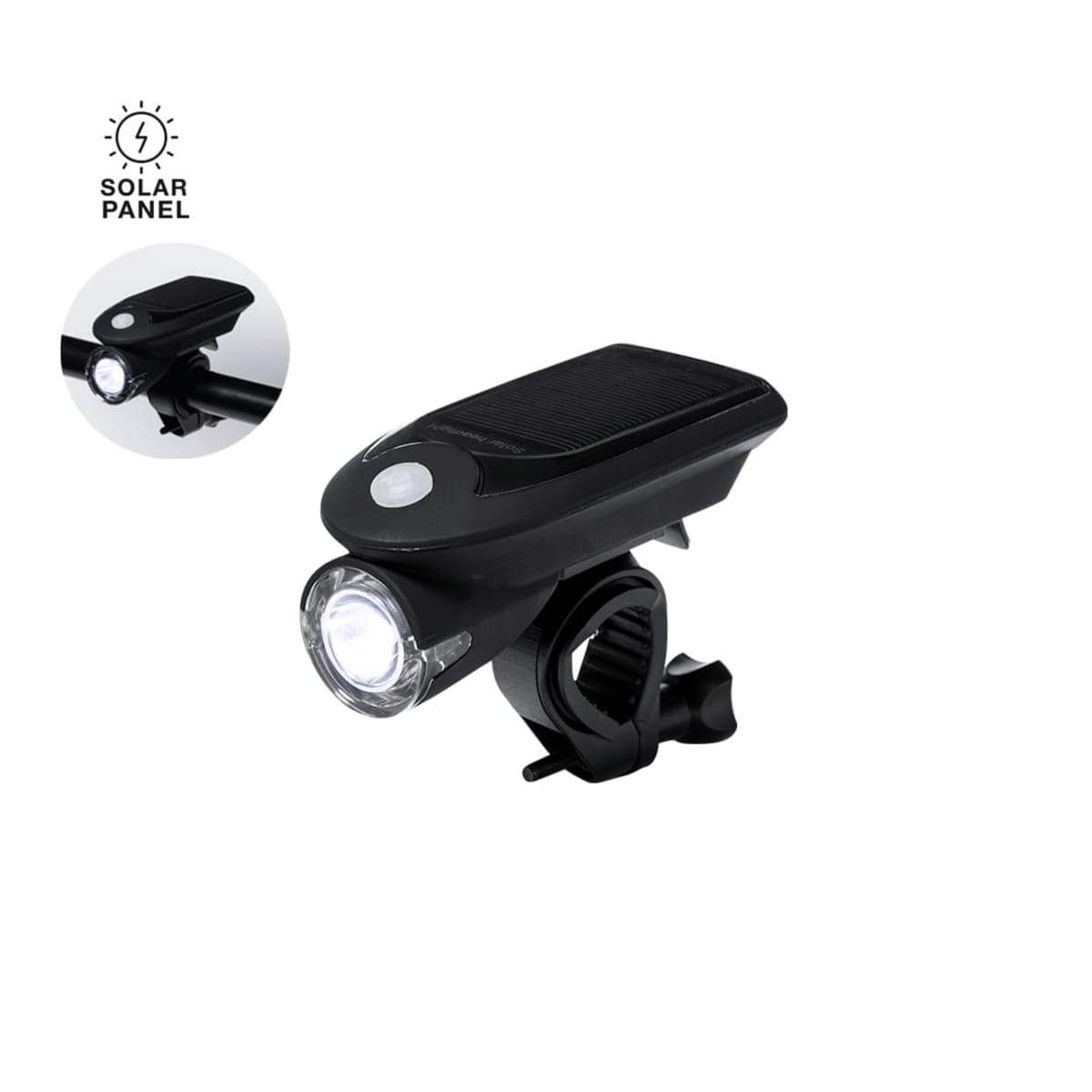 A black bicycle headlight with a solar panel, mounted on a handlebar. The inset shows a close-up of the light glowing. There is a graphic of a lightbulb with Solar Panel text in the corner.