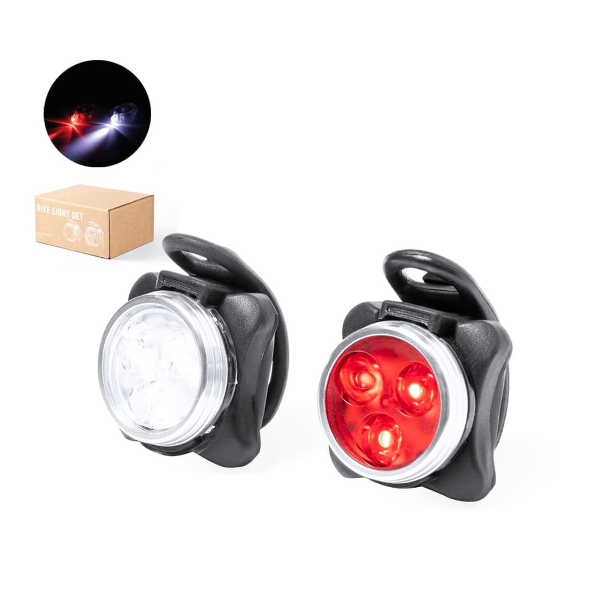 A set of two bicycle lights; the left one emits white light and the right one emits red light. They have black mounts, with a small box labeled Bike Light Set in the background, and a circular inset showing them illuminated.
