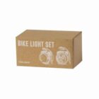 Brown cardboard box labeled Bike Light Set with illustrations of front and rear bike lights.