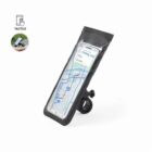 Smartphone in a black, water-resistant bike mount case with a map app open. Case features touchscreen compatibility, stands upright, and includes a circular attachment for handlebars.