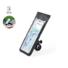 A black smartphone holder for bikes is shown, featuring a transparent touchscreen cover with a map display. An inset image shows it mounted on a bike handlebar. A tactile symbol is present above the inset.