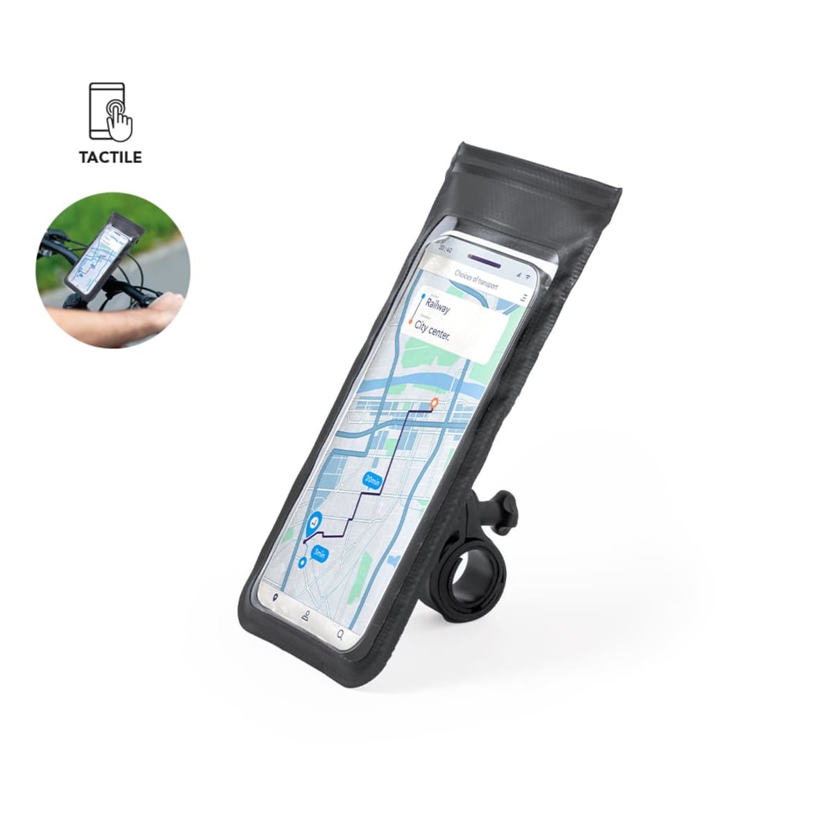 A black smartphone holder for bikes is shown, featuring a transparent touchscreen cover with a map display. An inset image shows it mounted on a bike handlebar. A tactile symbol is present above the inset.