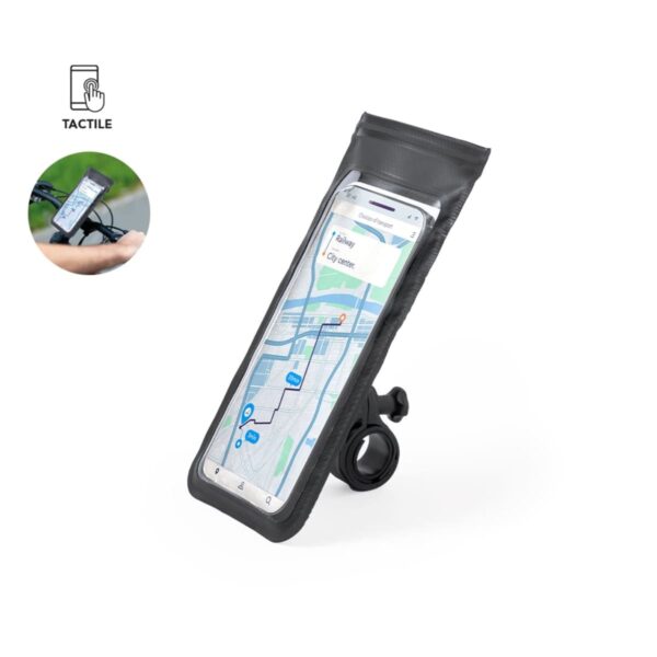 A smartphone in a waterproof holder mounted on a bike handlebar, displaying a navigation app. The case is black with a clear front for touchscreen access. An inset image shows the case attached to a bike during use.
