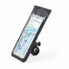 Smartphone mounted on a black waterproof bike holder, displaying a navigation app with a city map. The holder has a clamp for attaching to bike handlebars.