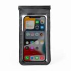 A smartphone in a black waterproof pouch. The phone screen displays app icons and widgets, including a calendar showing the 17th day and a battery indicator at 42%. The pouch has a transparent front, allowing visibility of the phones screen.