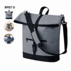 A grey RPET backpack with black straps and accents is shown. The main image displays the front view, while insets show the backpack attached to a bike and being worn by a person. The design includes a top flap and front zipper pocket.