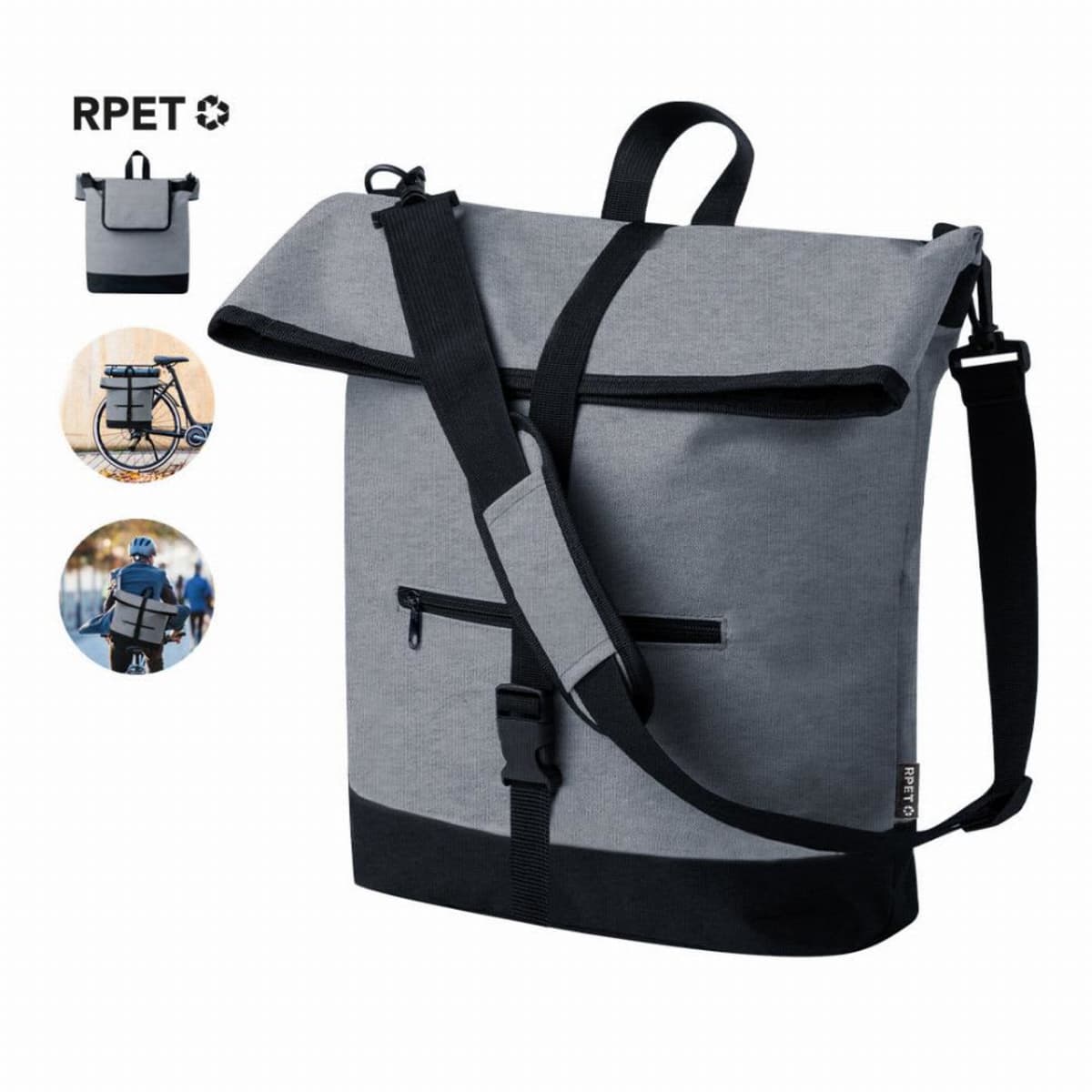 A grey RPET backpack with black straps and accents is shown. The main image displays the front view, while insets show the backpack attached to a bike and being worn by a person. The design includes a top flap and front zipper pocket.