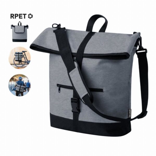 Gray RPET backpack with a black strap and accents, featuring a front zipper pocket and a roll-top closure. Small circular images show the bag attached to a bicycle and being worn by a person. Recycled material symbol is visible.