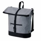 A gray and black backpack with a roll-top design and a front zipper pocket. It features adjustable shoulder straps and a black buckle belt closure on the front.