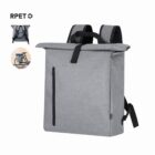 Gray RPET backpack with a front zipper pocket and adjustable shoulder straps. The backpack features a roll-top closure. A small inset image shows the bag attached to a bicycles rear rack. RPET recycling symbol is visible on the top left.