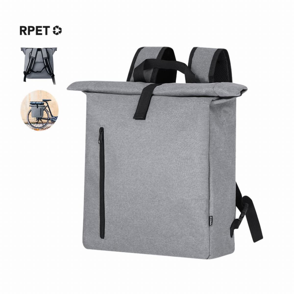 Gray RPET backpack with a front zipper pocket and adjustable shoulder straps. The backpack features a roll-top closure. A small inset image shows the bag attached to a bicycles rear rack. RPET recycling symbol is visible on the top left.