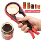 A hand is using a red and black jar opener to remove a lid from a jar filled with a dark liquid. Various other jars with different contents are displayed above, along with text indicating cap sizes ranging from 2cm to 7.2cm.