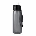 Transparent gray water bottle with black lid, built-in straw, and carrying strap.